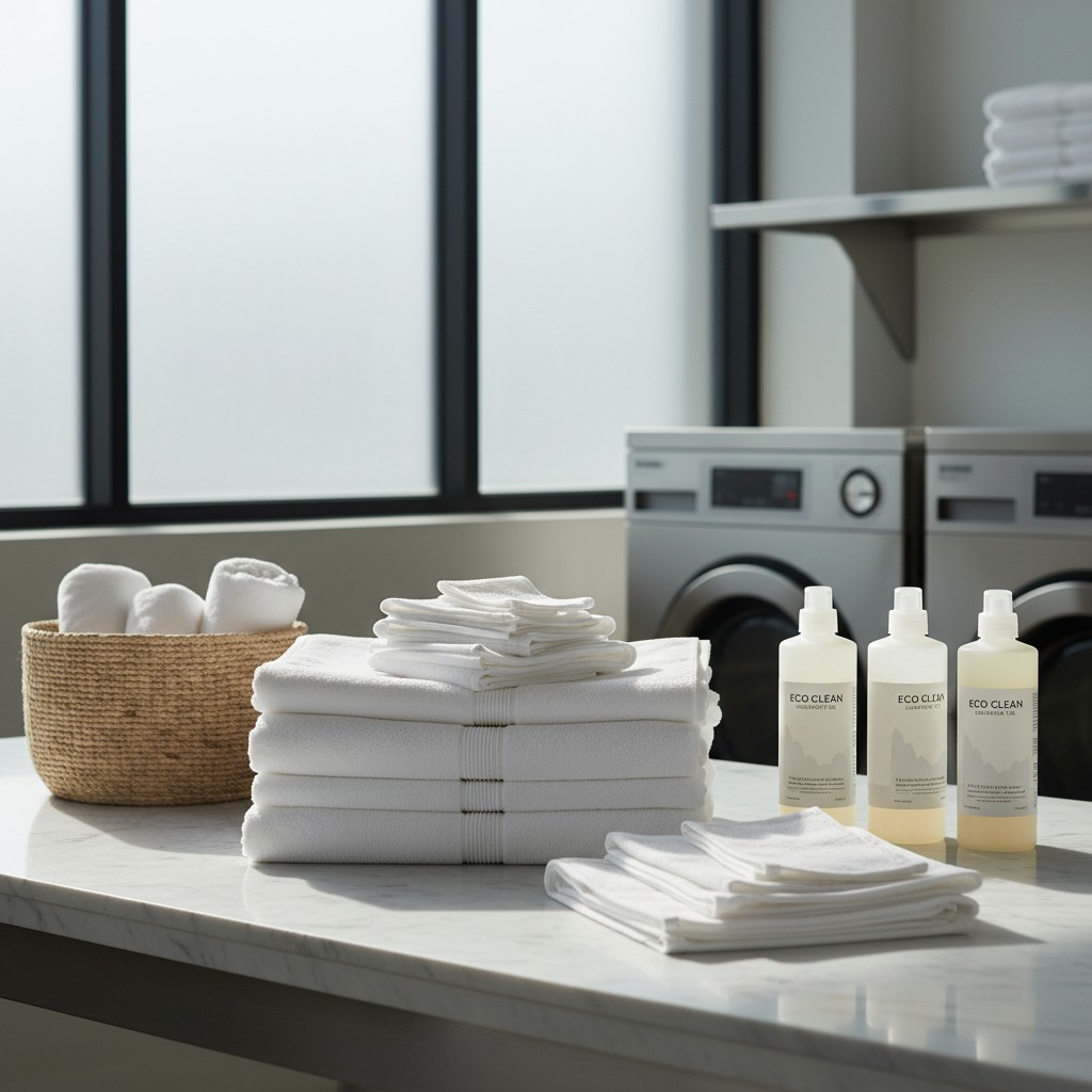 The bath towels in this image seem to be white, with a woven basket alongside neatly folded towels on a counter. white lin...